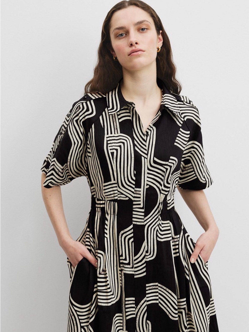 Country Road Black & Cream Geometric Print Linen-Silk Cinched Midi Shirt Dress